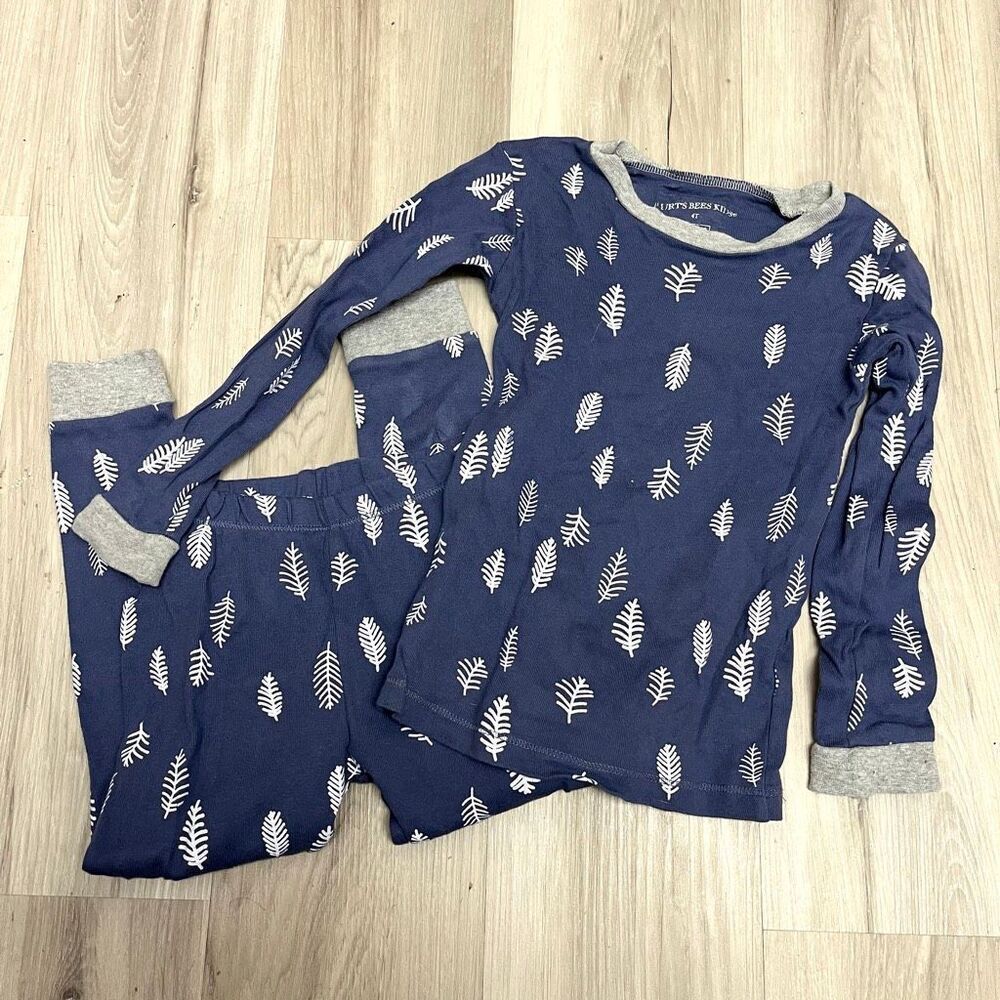 Burt’s Bees PJ Set Kids 4T Navy Blue & White Leaf Print Long Sleeve & Pant‎